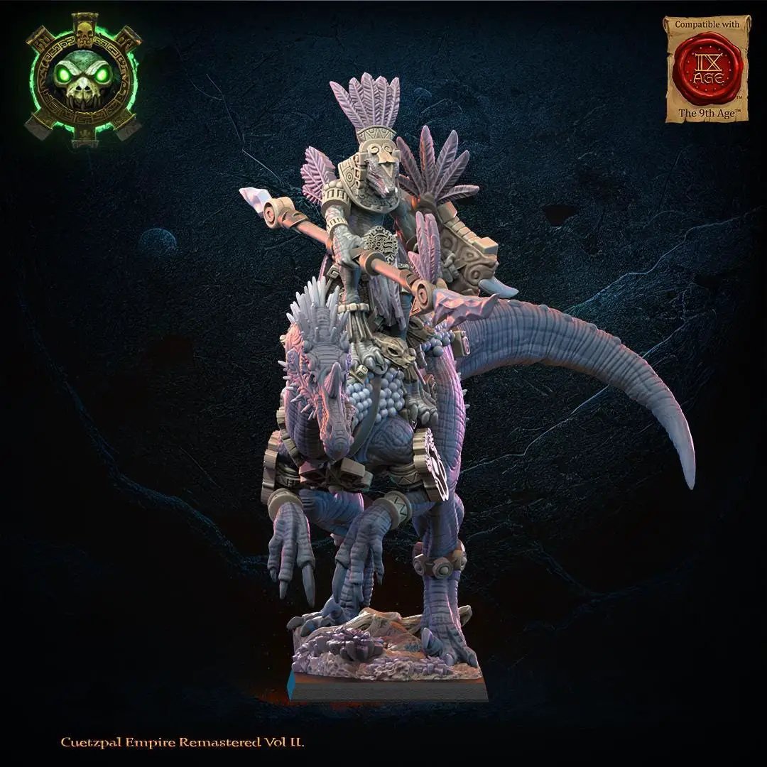 3D printed Ceratomimus with spear rider miniature by Lost Kingdom Miniatures, featuring detailed prehistoric creature with rider.