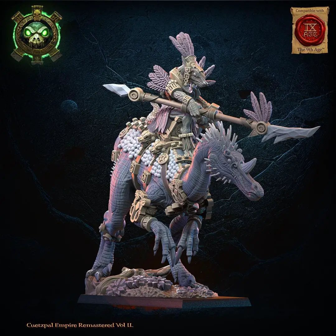 3D printed Ceratomimus with spear rider miniature by Lost Kingdom Miniatures, detailed reptilian creature on a base.