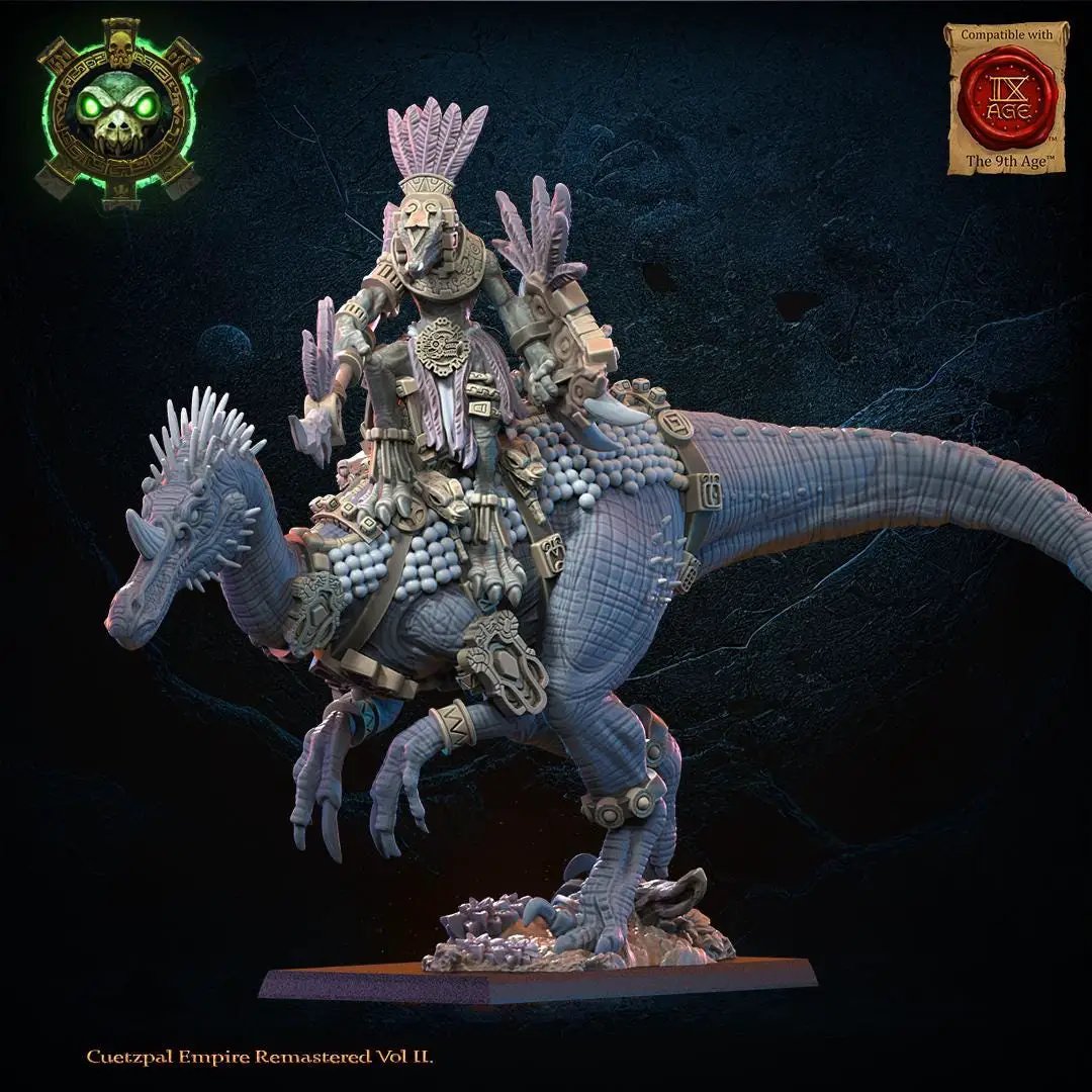 3D printed Ceratomimus with spear rider miniature by Last Hope Miniatures, detailed dinosaur and warrior figure on a display base.