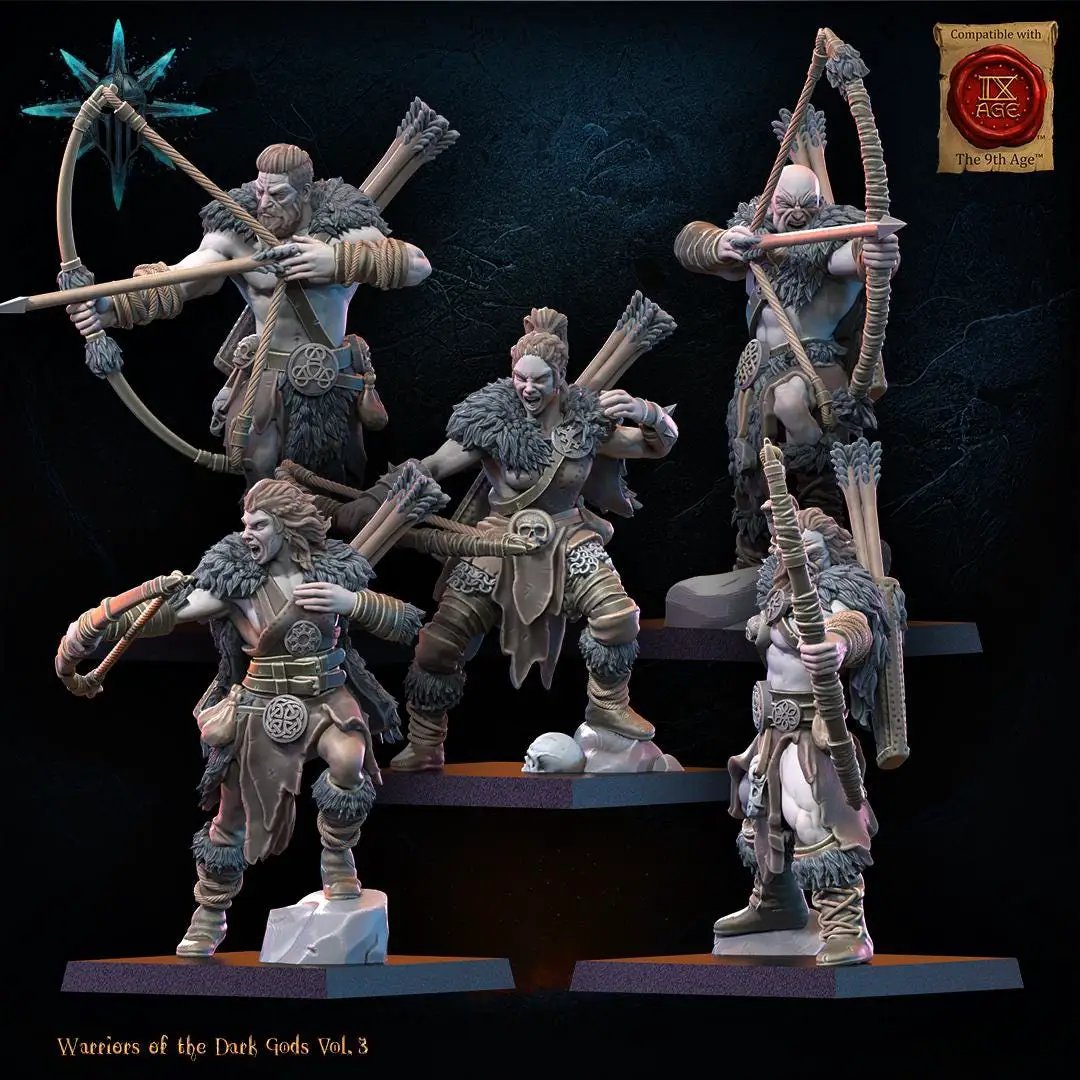 Set of 10 3D printed Chaos Barbarian Archer figures by Lost Kingdom Miniatures, featuring barbarian warriors with bows and weapons.