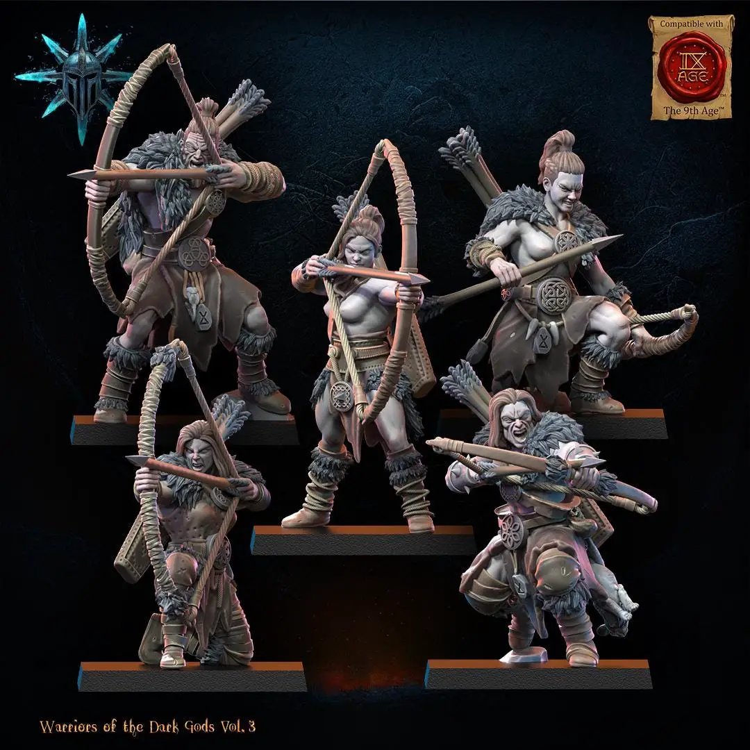 Ten 3D printed Chaos Barbarian Archer miniatures by Lost Kingdom Miniatures, detailed fantasy figures for tabletop gaming.