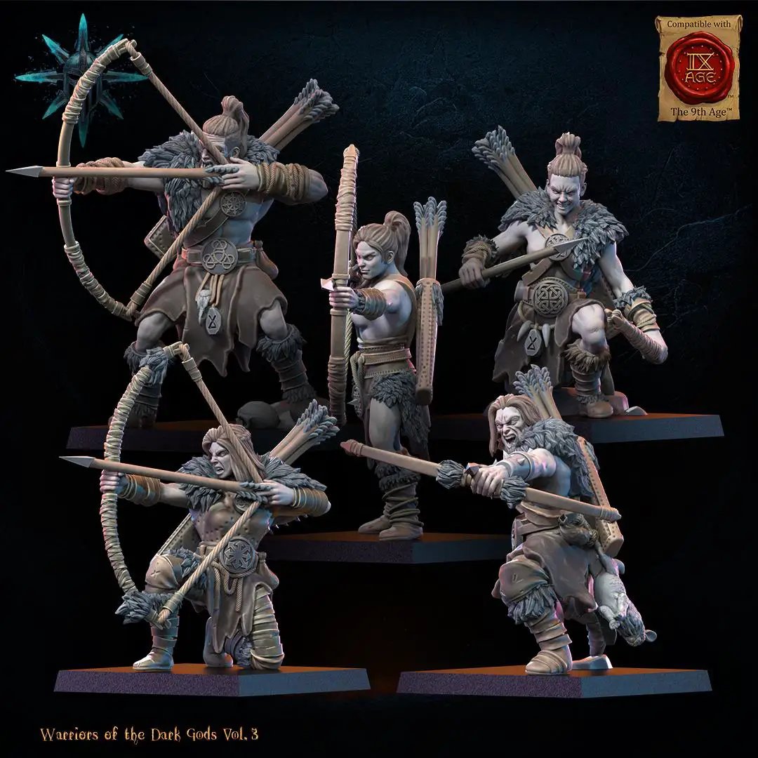 Pack of 10 3D printed Chaos Barbarian Archer Regiment miniatures by Last Hope Miniatures for tabletop gaming.