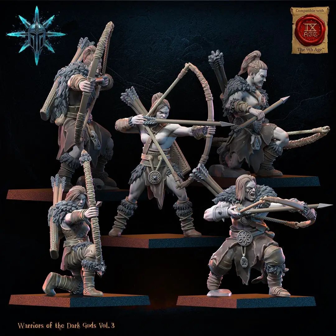 Ten 3D printed Chaos Barbarian Archer figures by Lost Kingdom Miniatures, detailed models in a regiment display.