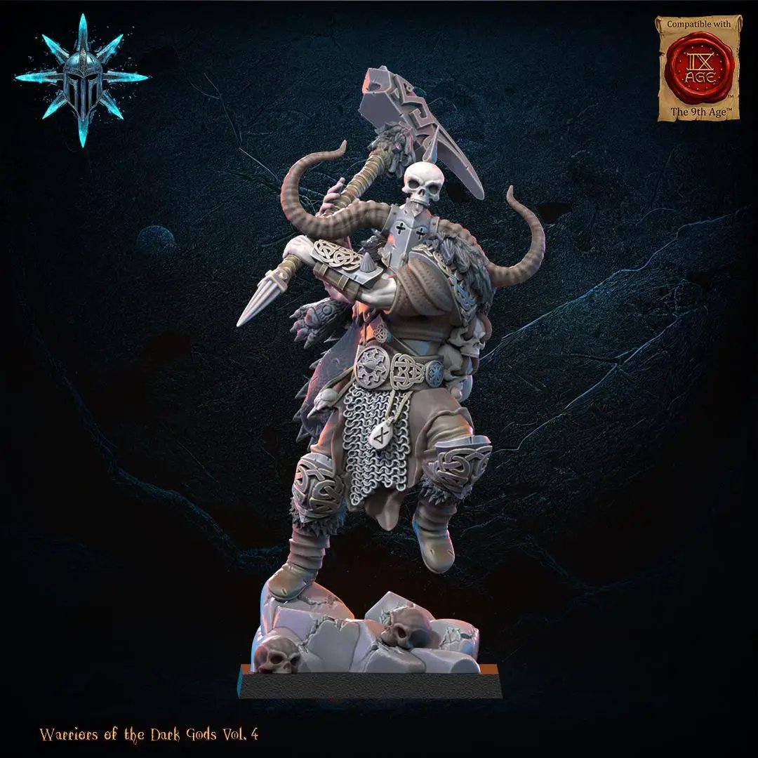 3D printed Chaos Barbarian Chief miniature by Lost Kingdom Miniatures, detailed sculpt with fierce warrior armor and weapons.