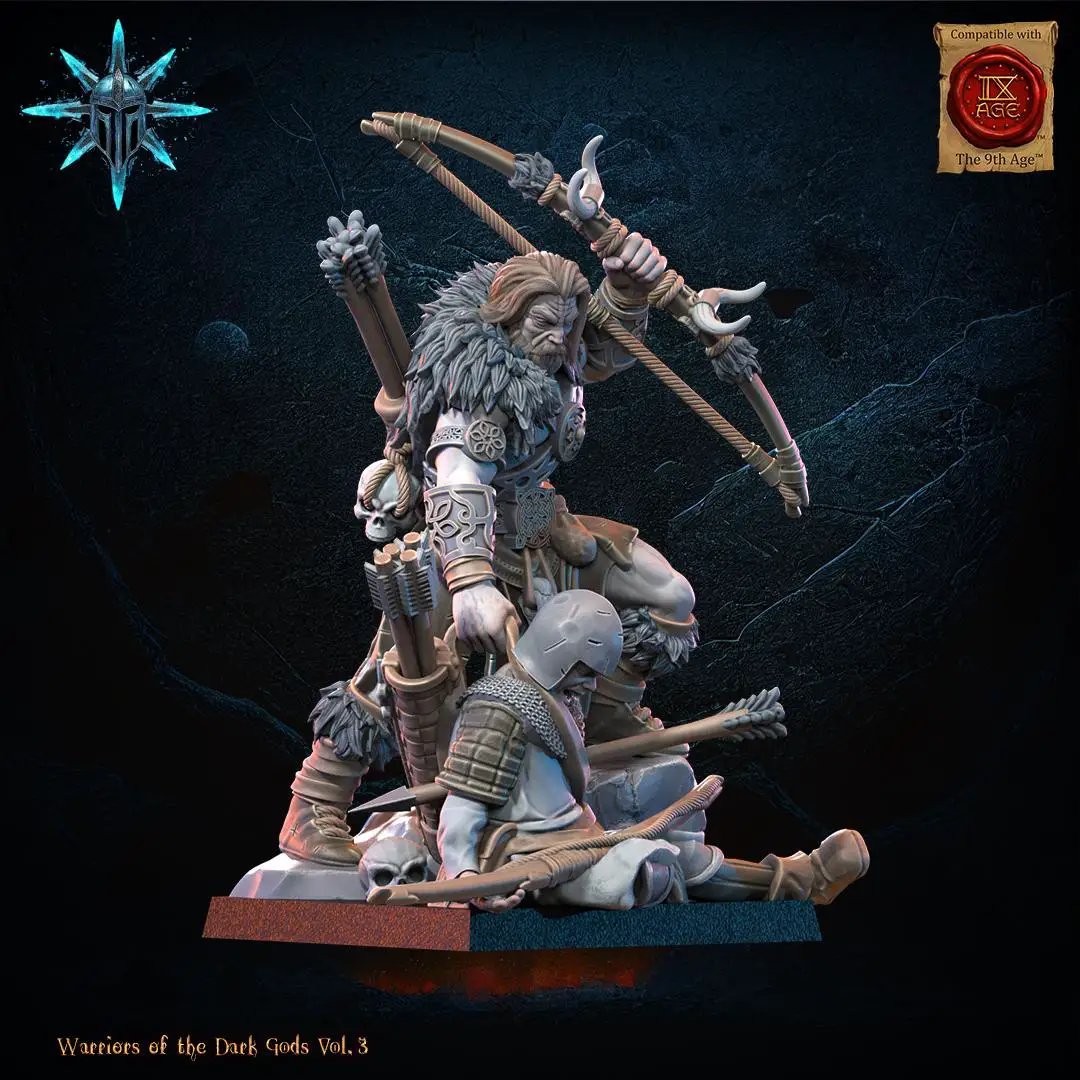 3D printed Chaos Barbarian Chieftain miniature by Last Hope Miniatures, featuring detailed armor and fierce warrior stance.