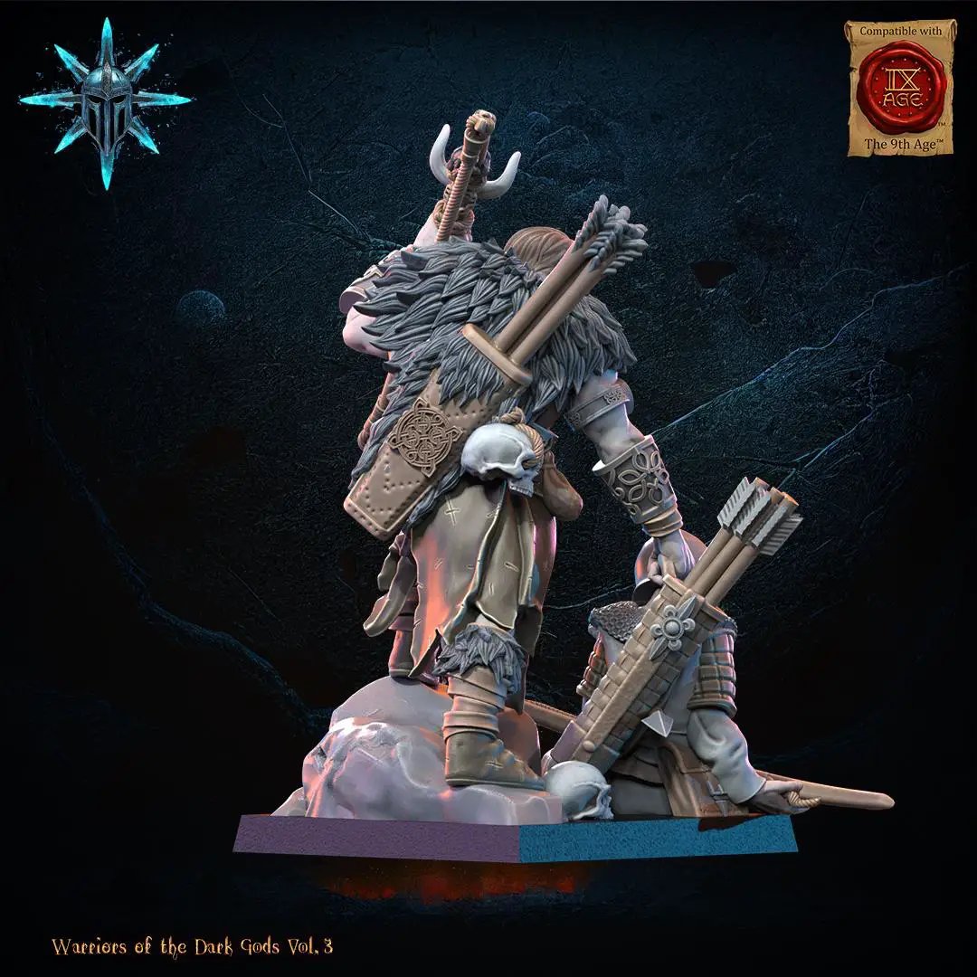 3D printed Chaos Barbarian Chieftain miniature by Lost Kingdom Miniatures, showing detailed design and dynamic pose.