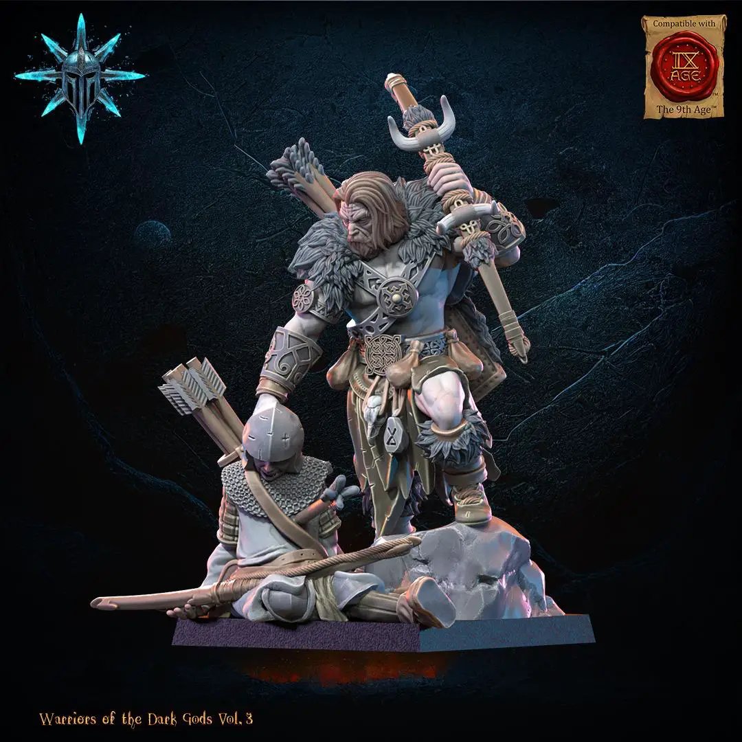 3D printed Chaos Barbarian Chieftain miniature by Lost Kingdom Miniatures, featuring detailed armor and fierce stance.