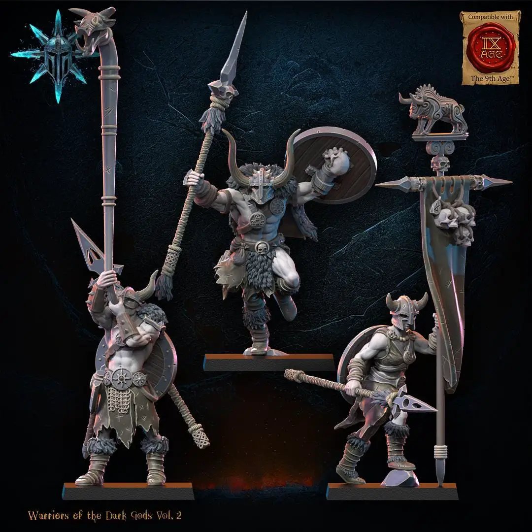 3D printed Chaos Barbarian command group miniature set by Lost Kingdom Miniatures, featuring detailed warrior figures in dynamic poses.