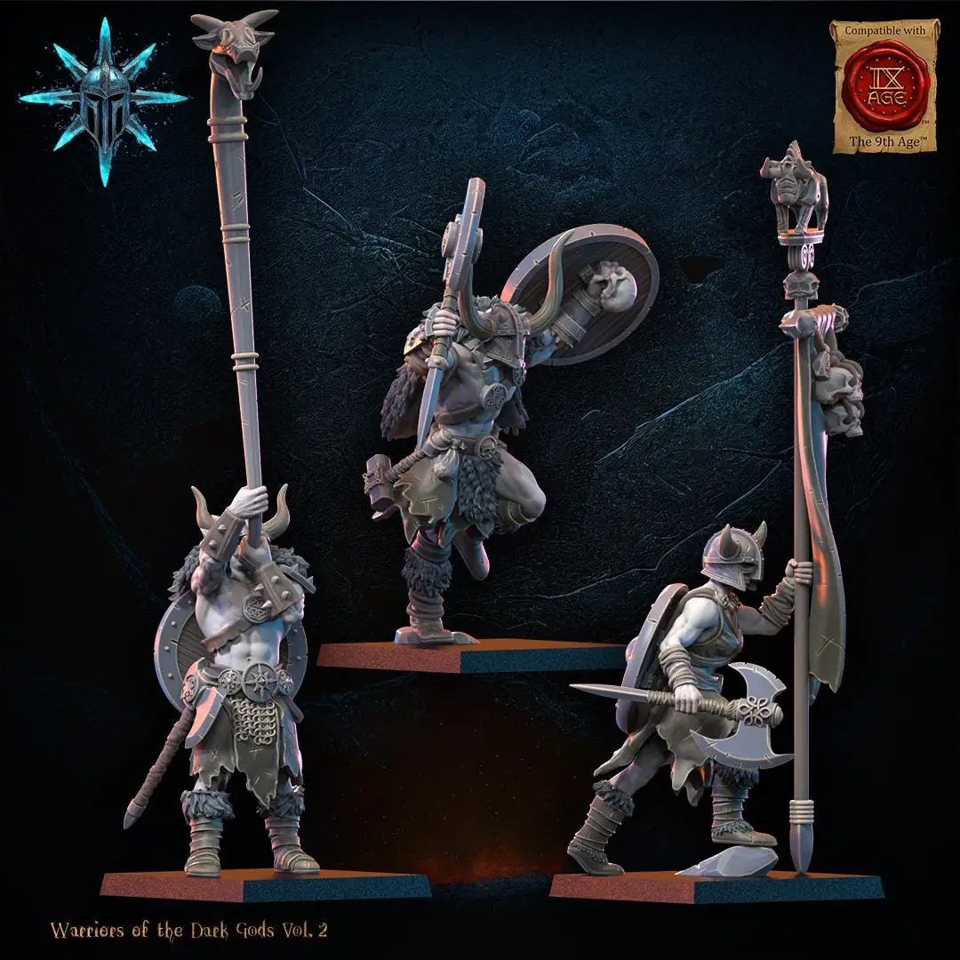3D printed Chaos Barbarian command group miniatures by Lost Kingdom Miniatures, featuring detailed barbarian figures for tabletop gaming