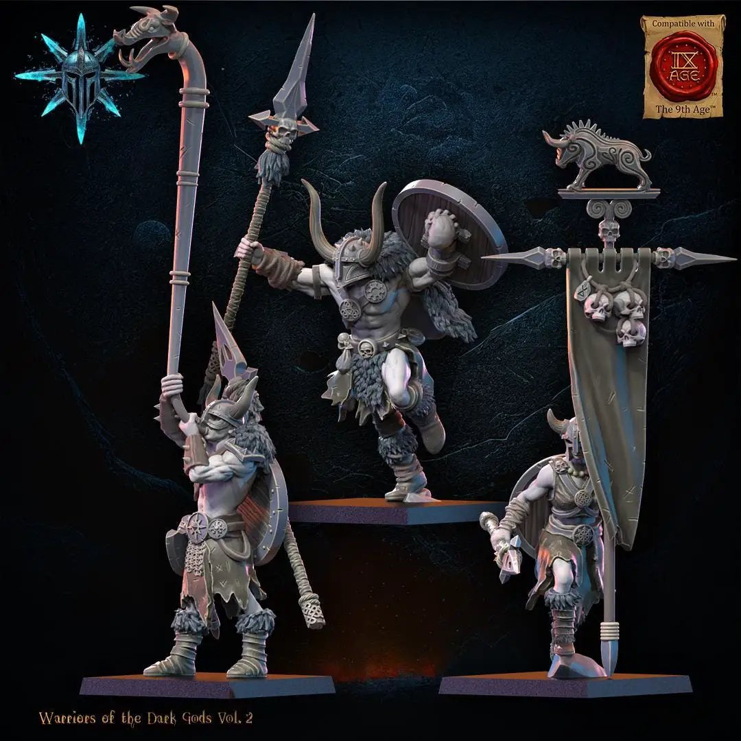 3D printed Chaos Barbarian Command Group miniature set by Last Hope Miniatures, featuring detailed chaos warrior figures.