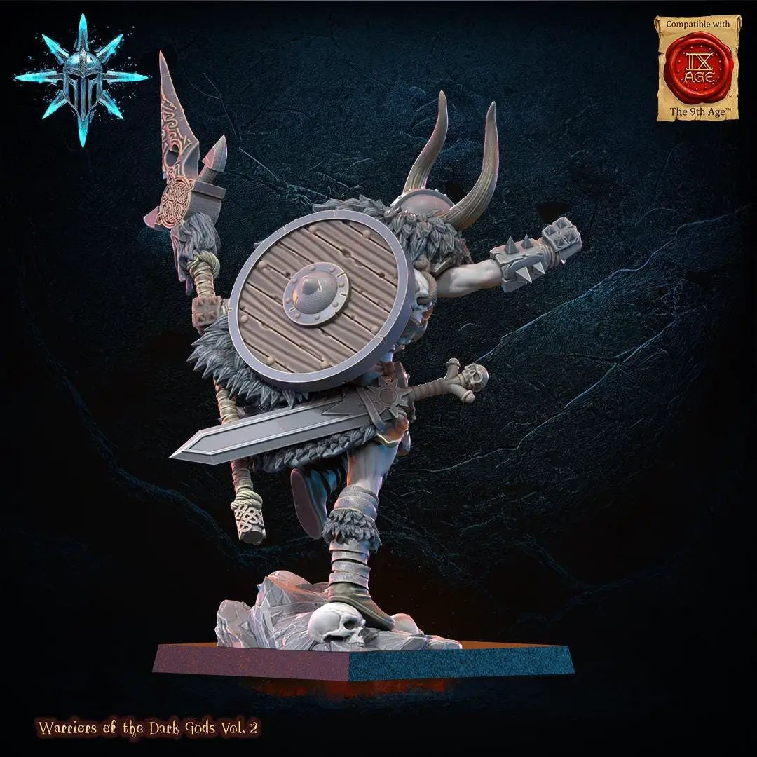3D printed Chaos Barbarian Queen miniature by Lost Kingdom Miniatures for Last Hope Miniatures, showing detailed barbarian armor and fierce pose.