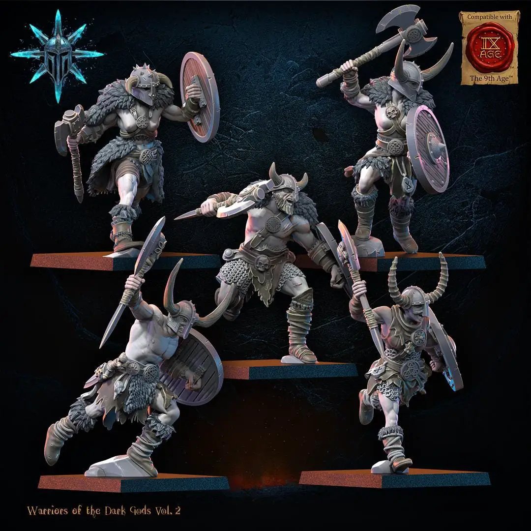 3D printed Chaos Barbarian Regiment by Lost Kingdom Miniatures, featuring detailed fantasy warrior figures in dark armor and fierce poses.