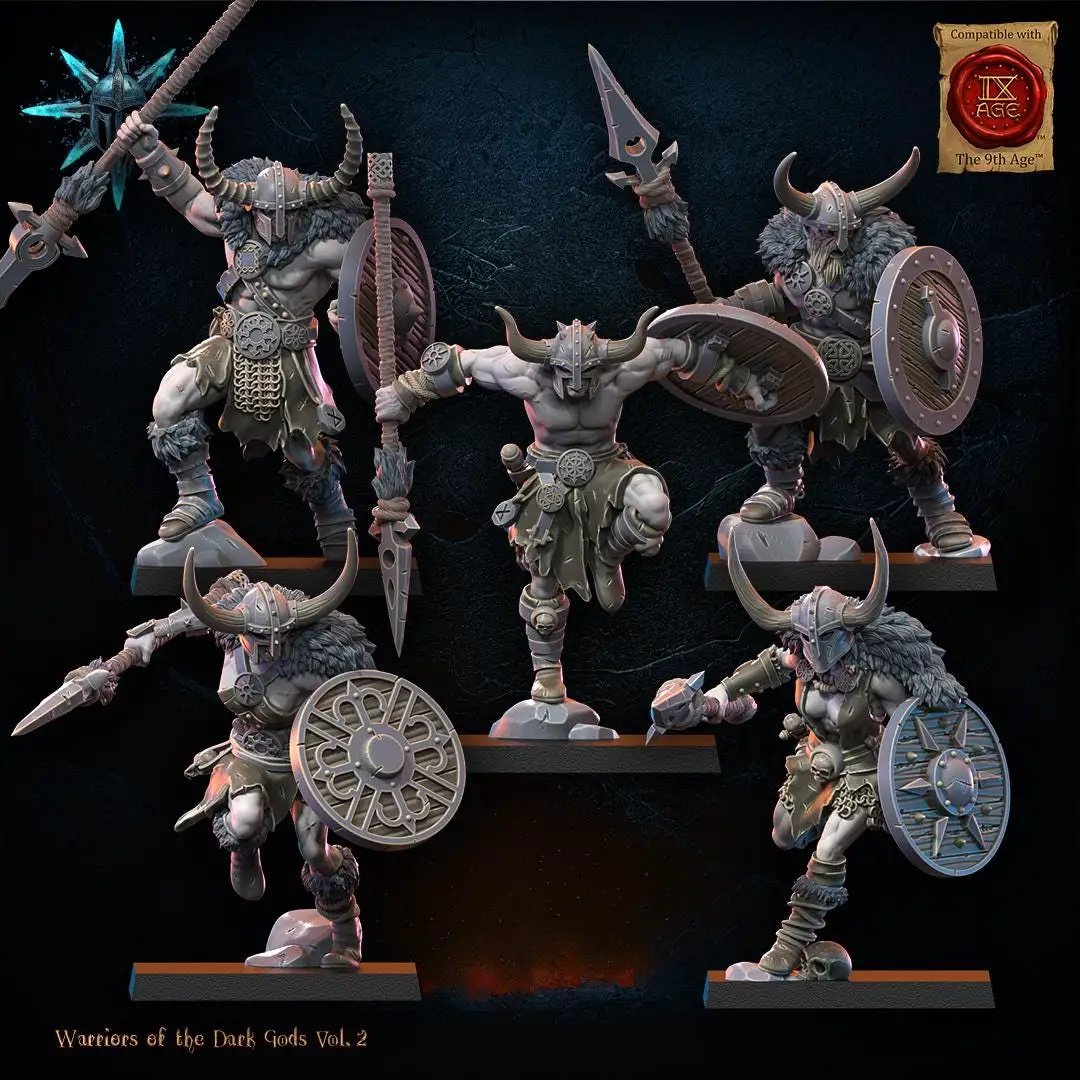3D printed Chaos Barbarian Regiment miniatures by Lost Kingdom Miniatures, showing detailed, gritty barbarian warriors in dark armor.