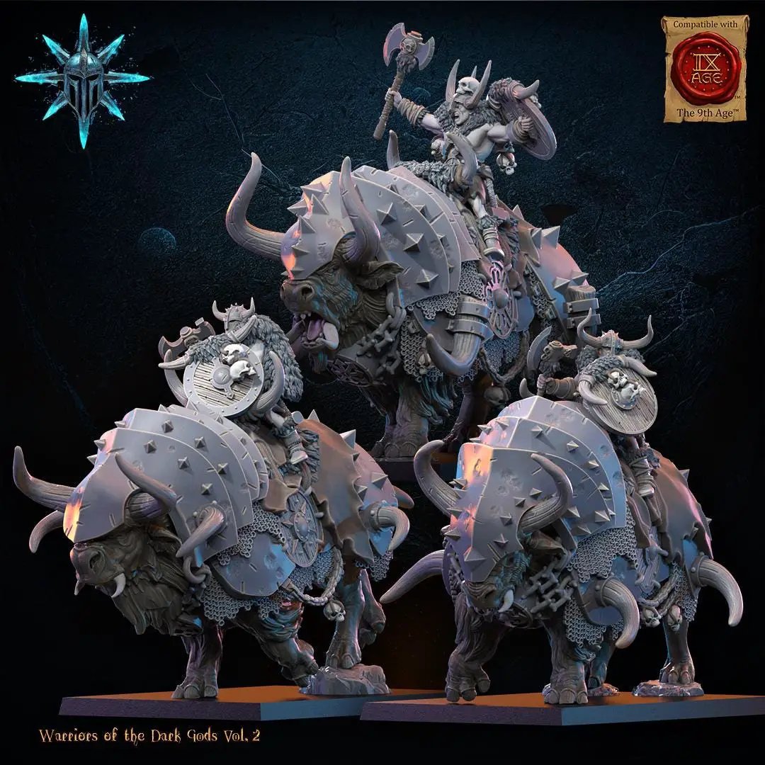 3D printed Chaos Barbarian Riders miniatures by Last Hope Miniatures, featuring detailed chaos warrior figures on horseback.