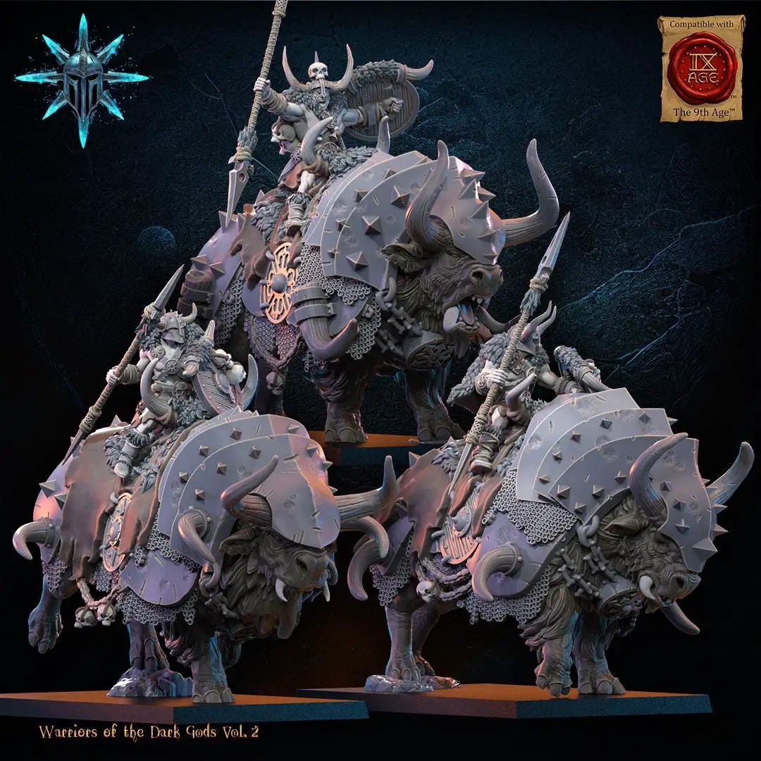 3D printed Chaos Barbarian Riders miniatures by Lost Kingdom Miniatures, showing detailed barbarian figures on horseback.