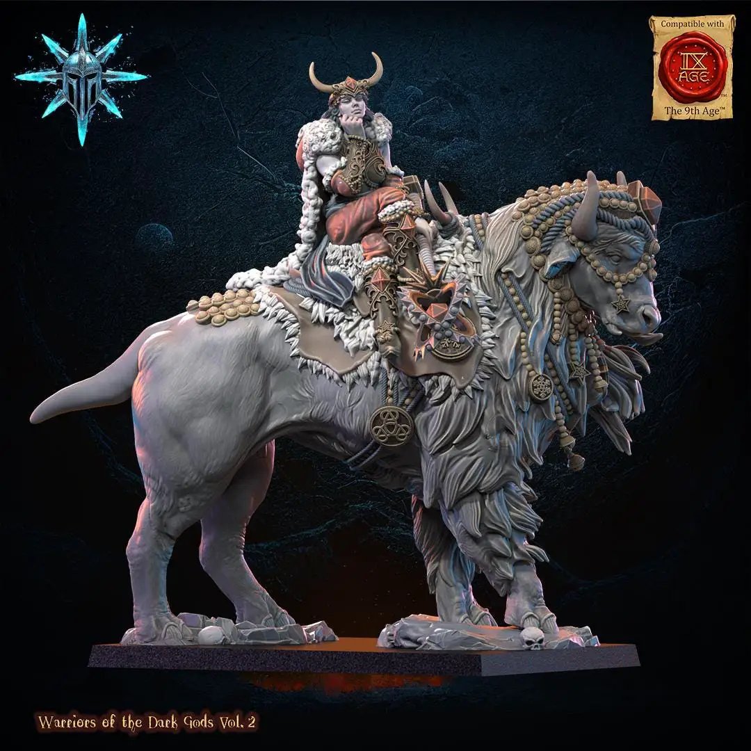 3D printed Chaos Barbarian Sorceress miniature by Lost Kingdom Miniatures, detailed figure with intricate armor and magical accessories.