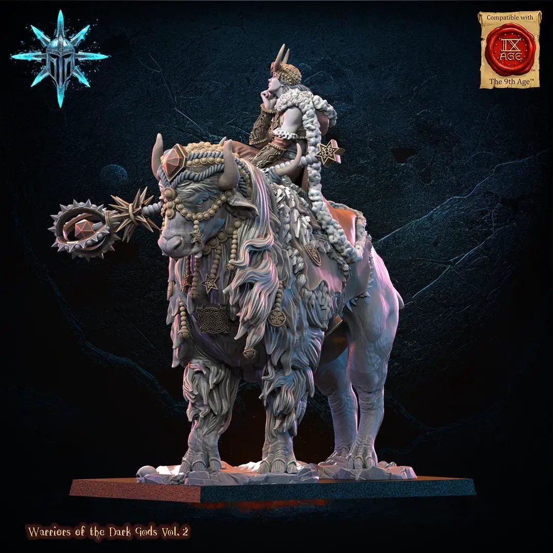 3D printed Chaos Barbarian Sorceress miniature by Lost Kingdom Miniatures, featuring intricate details and dynamic pose.