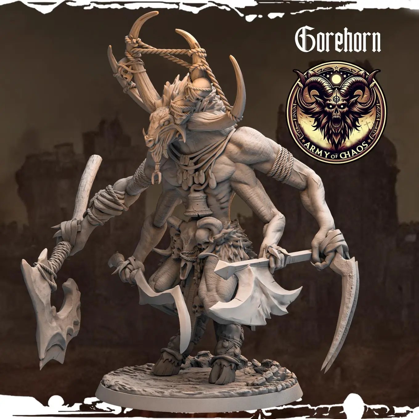 3D printed Chaos Beast Monstrous Gorehorn miniature by Last Hope Miniatures, detailed with fierce horns and monstrous features.