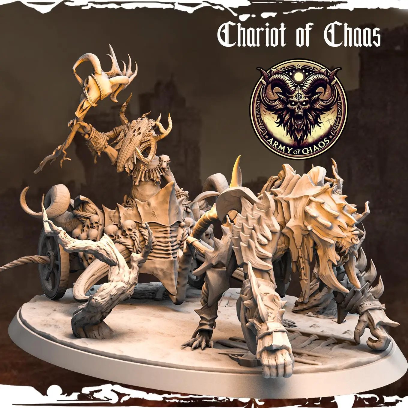 3D printed Chaos Beast War Chariot by Last Hope Miniatures, featuring detailed monstrous design and intricate sculpting.