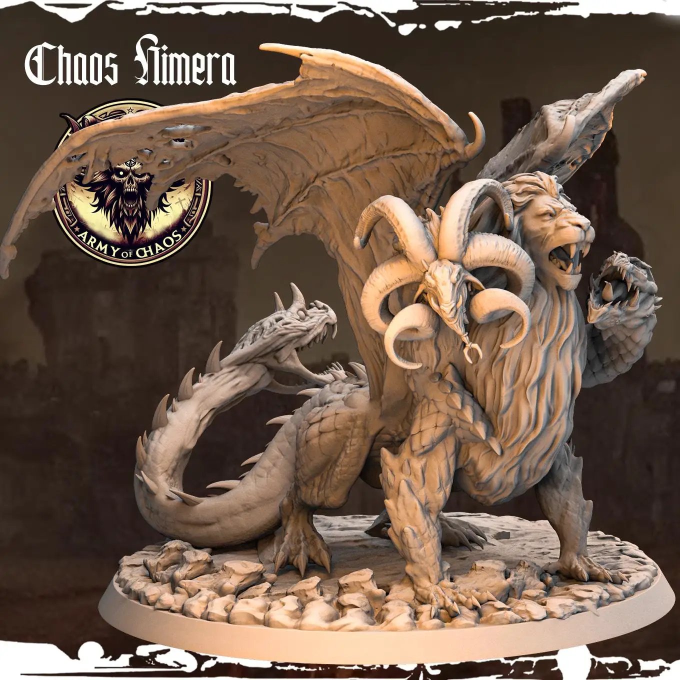 3D printed Chaos Chimera miniature by Last Hope Miniatures for Monolith Arts, featuring detailed monster with multiple heads and wings.
