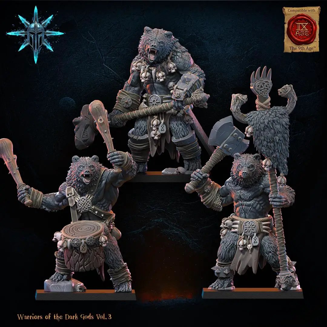 3D printed Chaos Werebear Command Group by Lost Kingdom Miniatures, featuring detailed fantasy figurines for tabletop gaming.