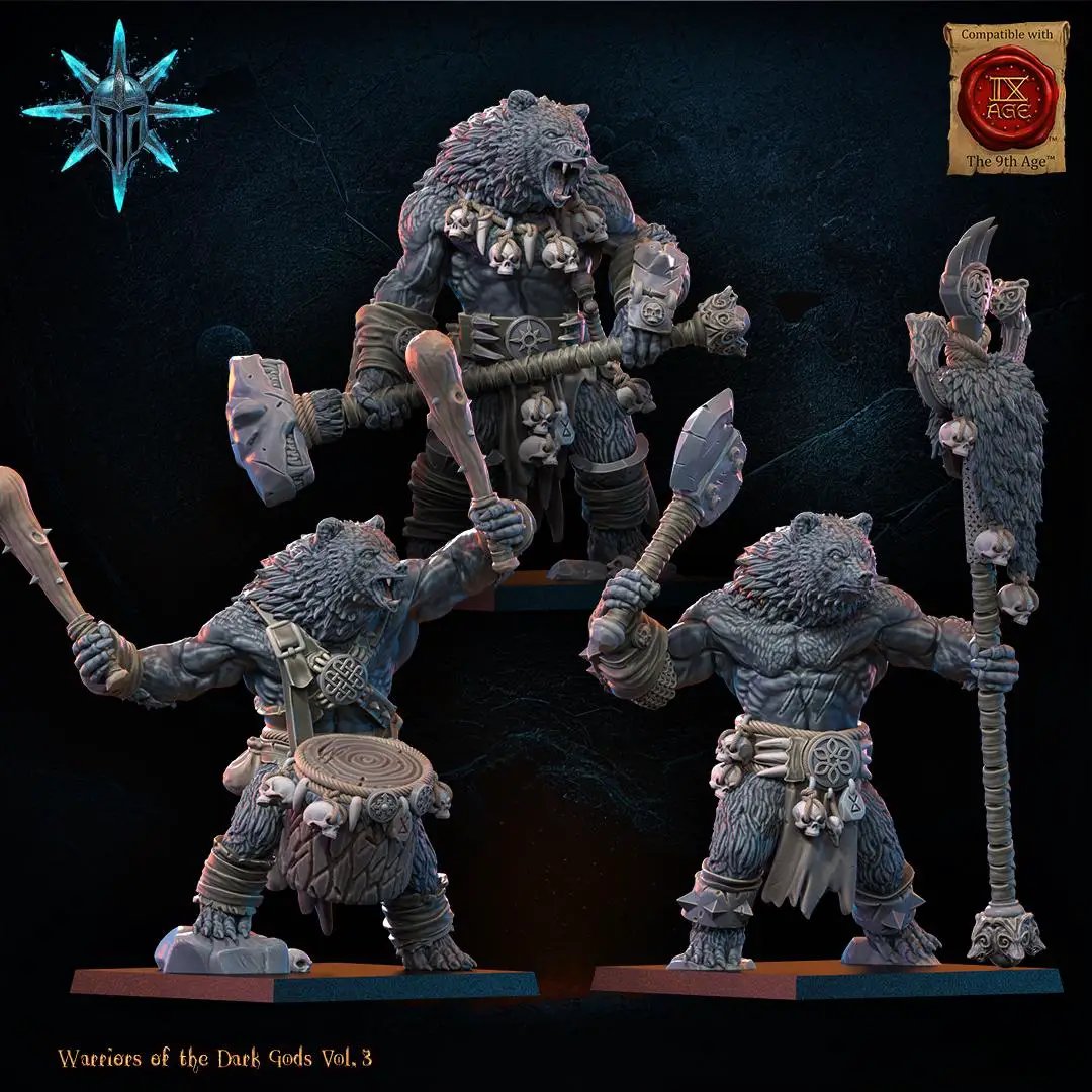 3D printed Chaos Werebear Command Group from Lost Kingdom Miniatures, featuring detailed miniatures in a fantasy war pose