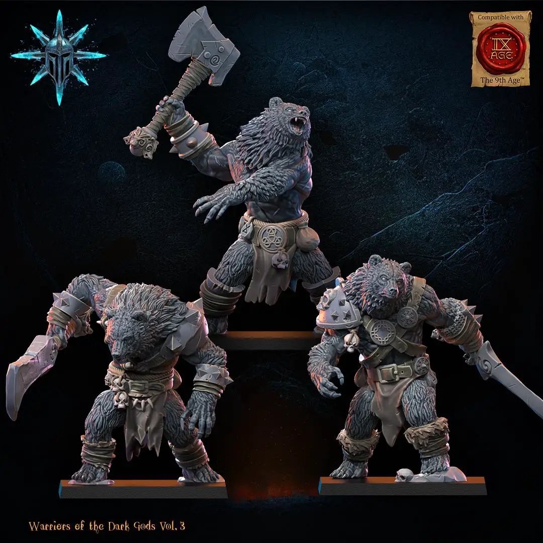 3D printed Chaos Werebears miniature by Lost Kingdom Miniatures, detailed fantasy creature in dynamic pose with textured fur and fierce expression.