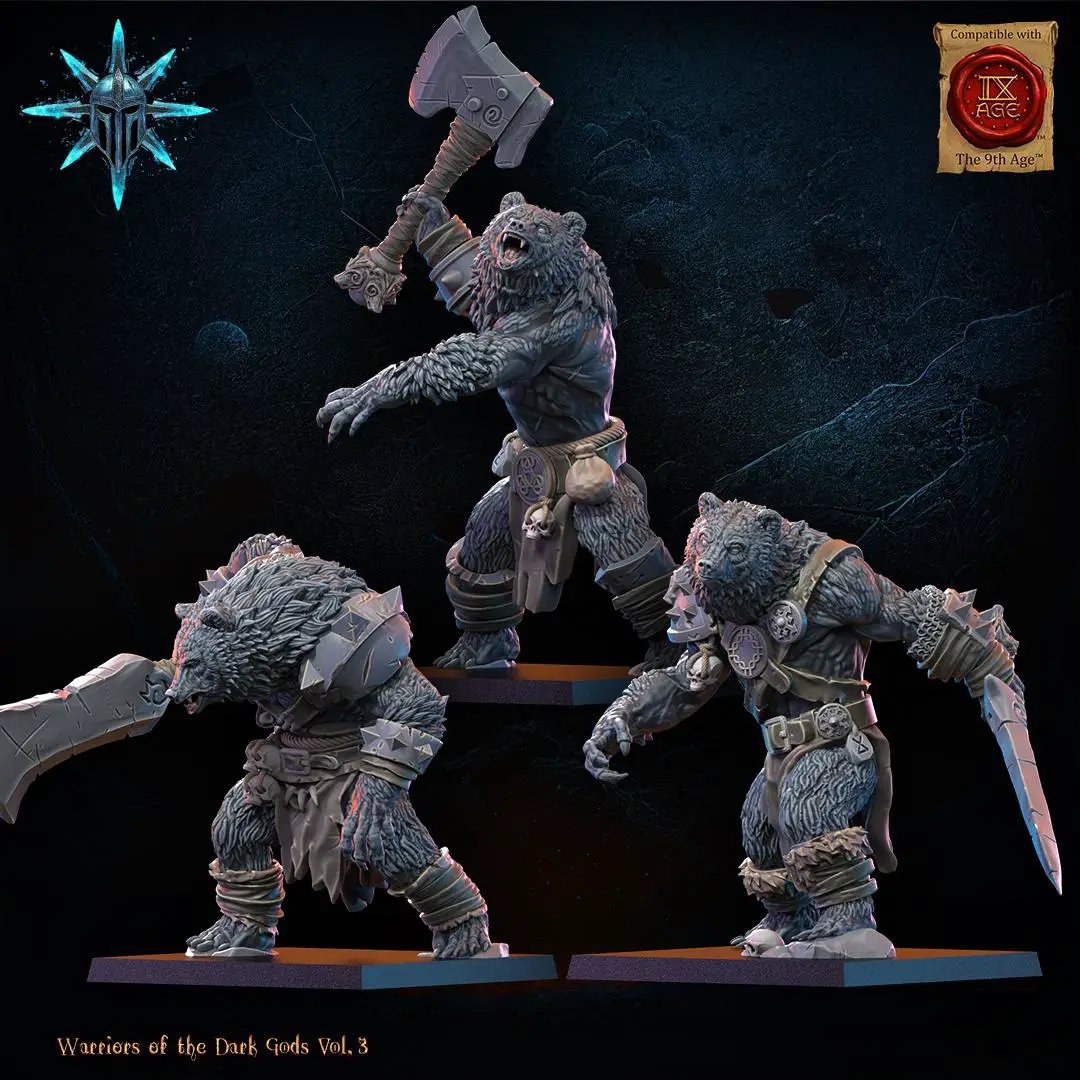 3D printed Chaos Werebears miniature by Lost Kingdom Miniatures, featuring monstrous bear creatures with chaotic details.