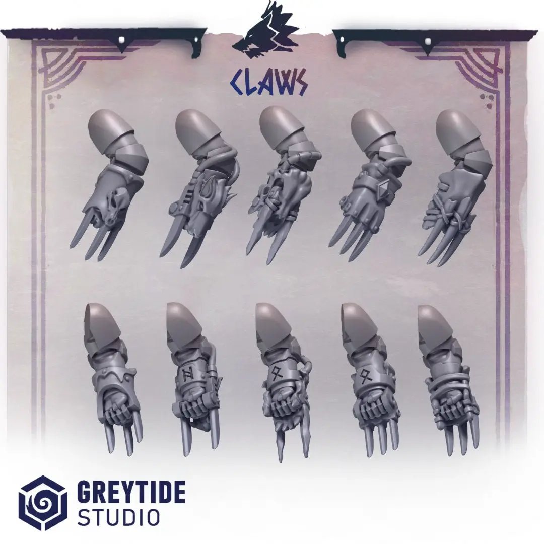 Set of 10 3D printed claws by Last Hope Miniatures from Greytide Studio, detailed miniature accessory for tabletop gaming.