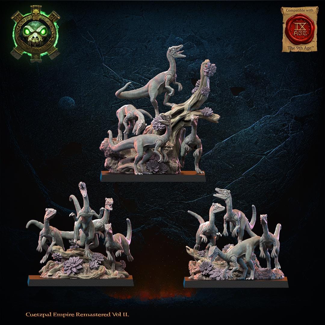 3D printed Compsognathus swarm miniature by Lost Kingdom Miniatures, featuring small, detailed dinosaur figures in a dynamic pose.
