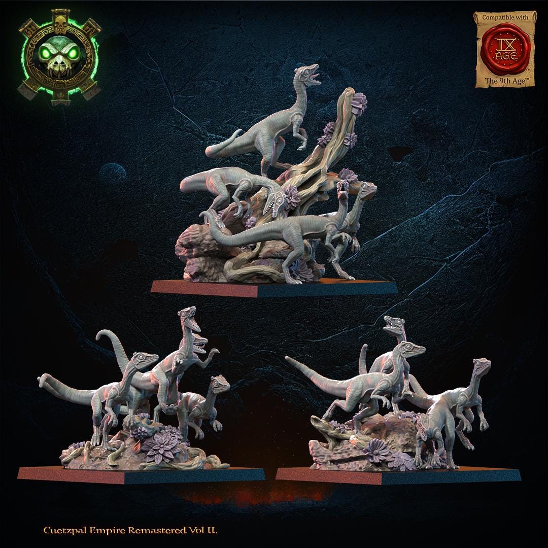 3D printed Compsognathus swarm miniature by Lost Kingdom Miniatures, featuring a pack of small, detailed dinosaur figures.
