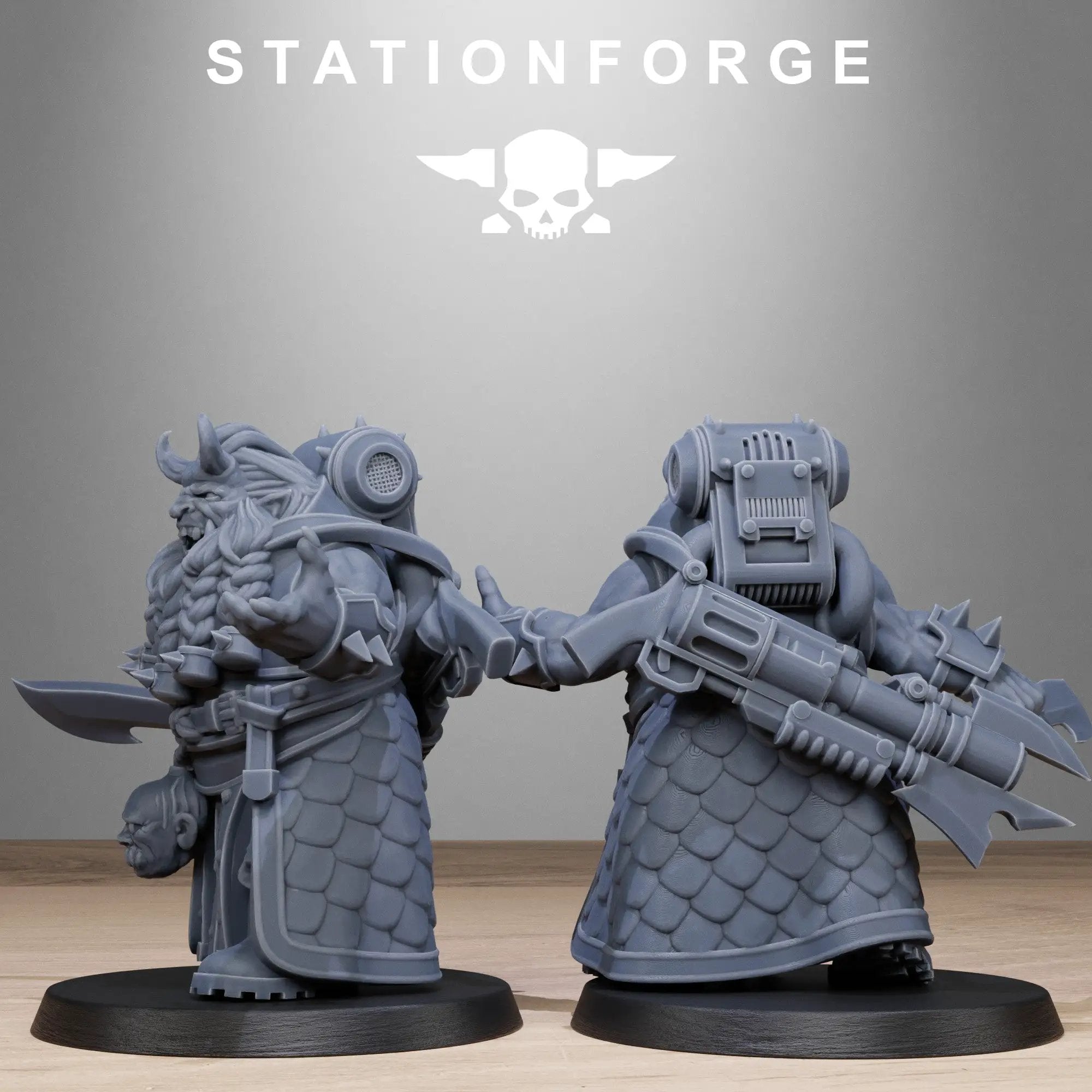 3D printed Corrupted Guard Dwarves by StationForge Miniatures, detailed fantasy dwarf figures with weathered armor and menacing stance.