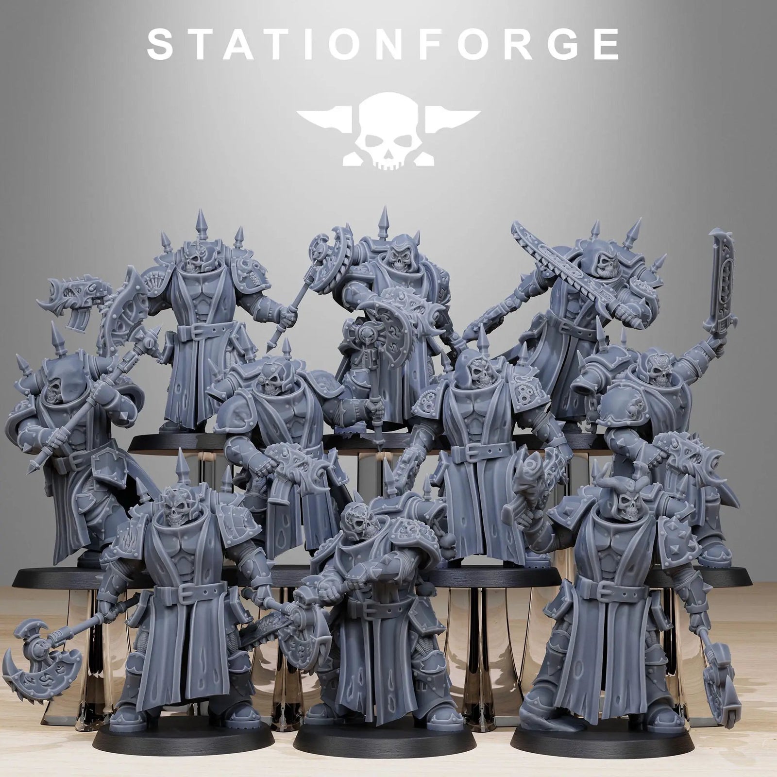 3D printed Corrupted Socratis Squad miniatures by Last Hope Miniatures, featuring detailed, dark fantasy sci-fi figures from StationForge.