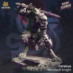 3D printed Werewolf Knight miniature from DM Stash's Corsicus series, detailed werewolf armor and weapon, by Last Hope Miniatures.