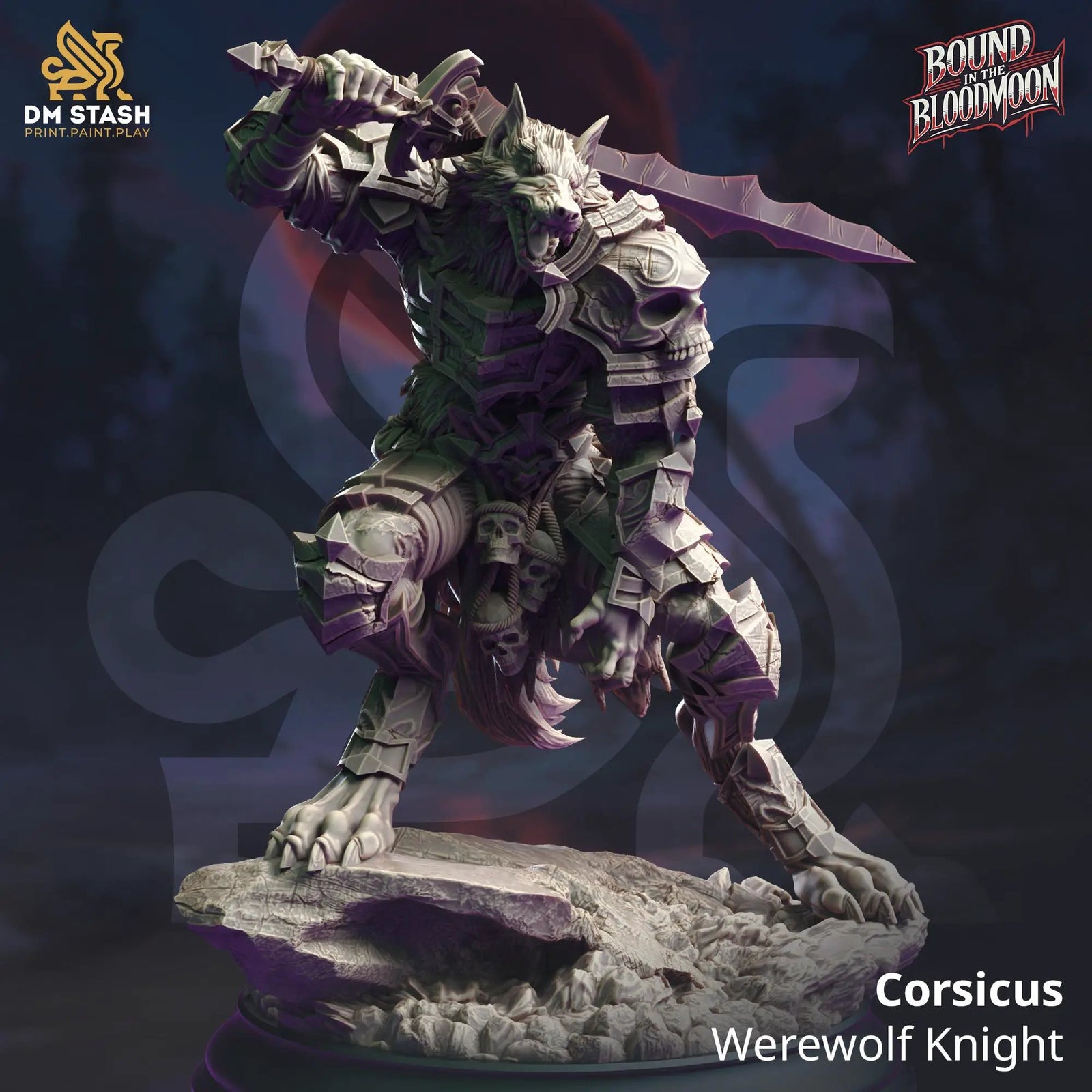 3D printed Werewolf Knight miniature from DM Stash's Corsicus series, detailed werewolf armor and weapon, by Last Hope Miniatures.