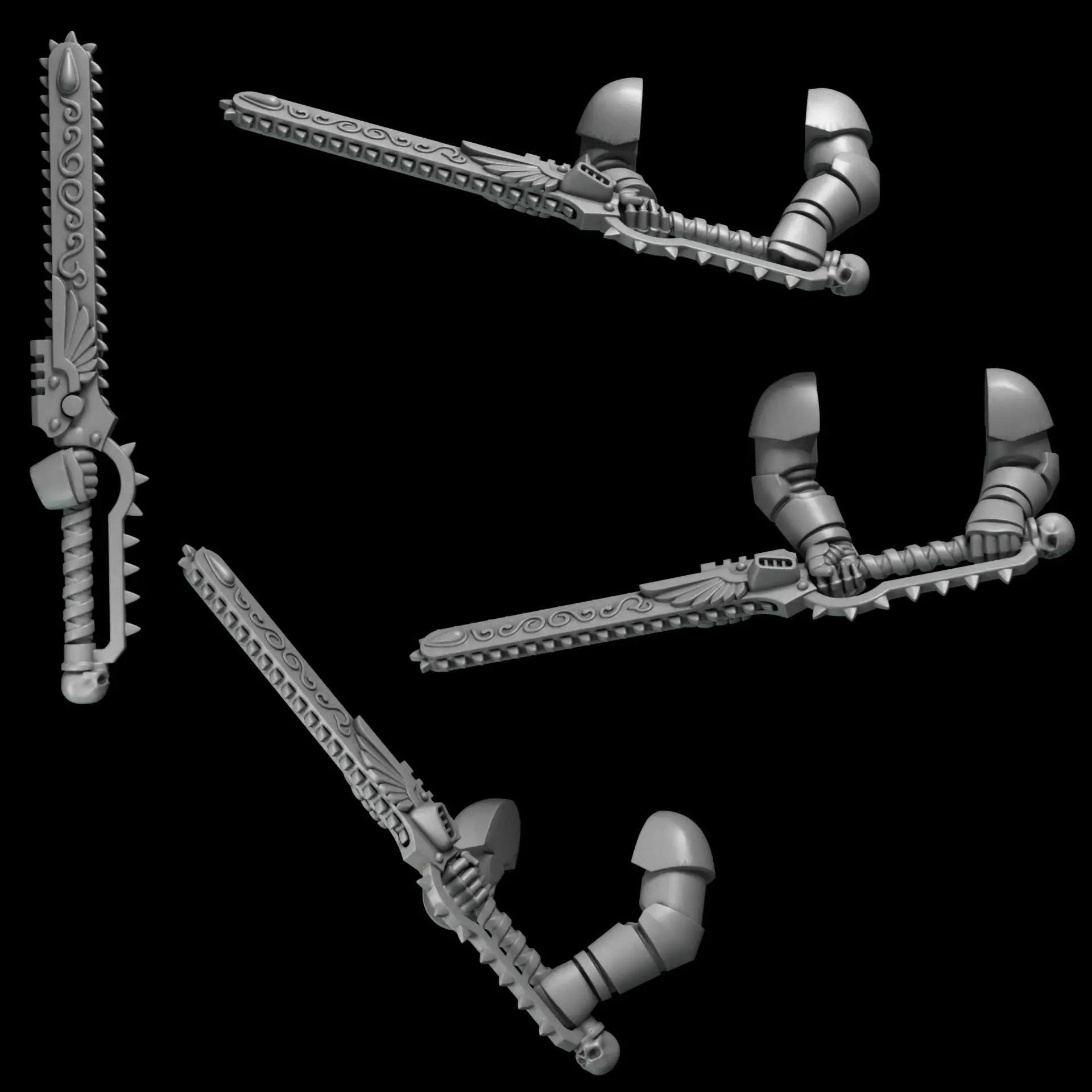 3D printed Crimson Lords 2-handed chainswords set by Last Hope Miniatures, featuring detailed weapon designs from Greytide Studio.