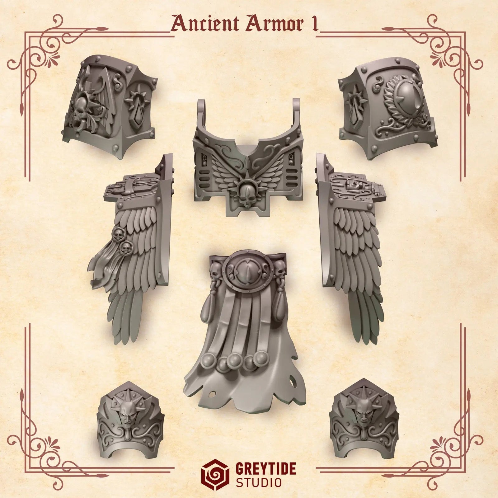 3D printed Crimson Lords Ancient Armor upgrade kit by Last Hope Miniatures from Greytide Studio, featuring detailed armor pieces.