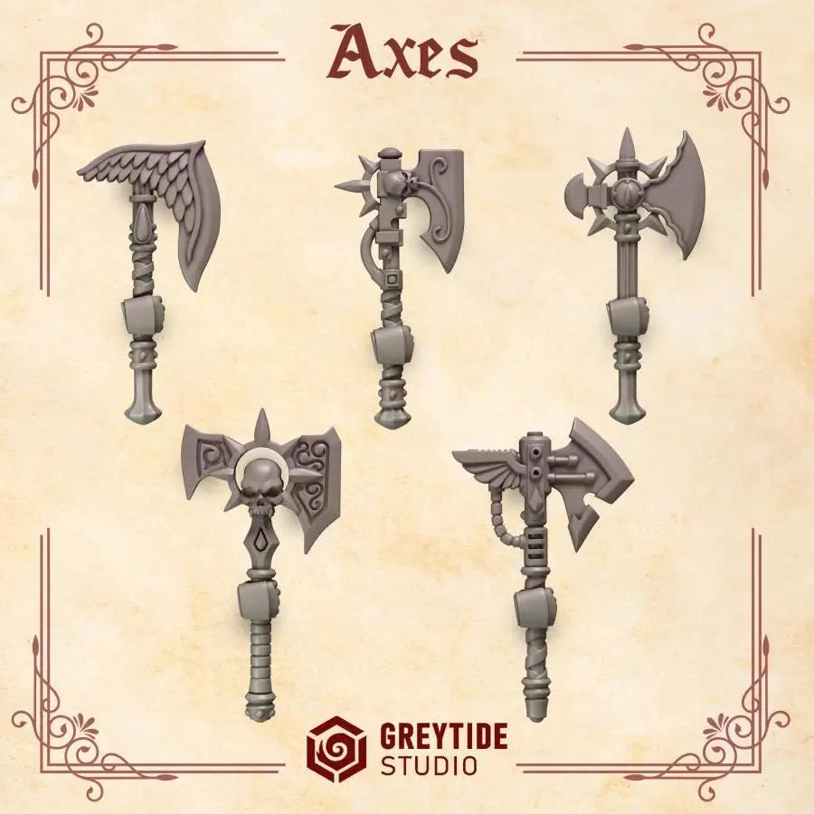 Set of 10 3D printed Crimson Lords Axes by Last Hope Miniatures for Greytide Studio tabletop gaming accessories.