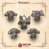 Ten 3D printed Crimson Lords backpacks for miniatures by Greytide Studio, featuring detailed red and black design elements.