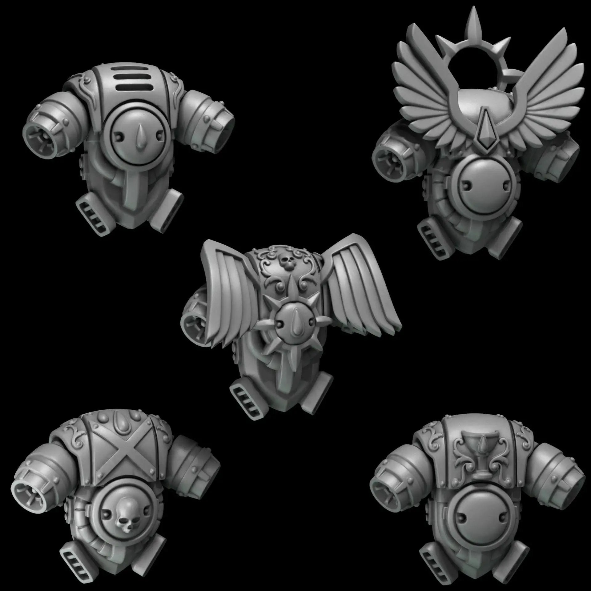 Three crimson Lords 3D printed backpacks from Greytide Studio for Last Hope Miniatures, detailed miniature accessories.