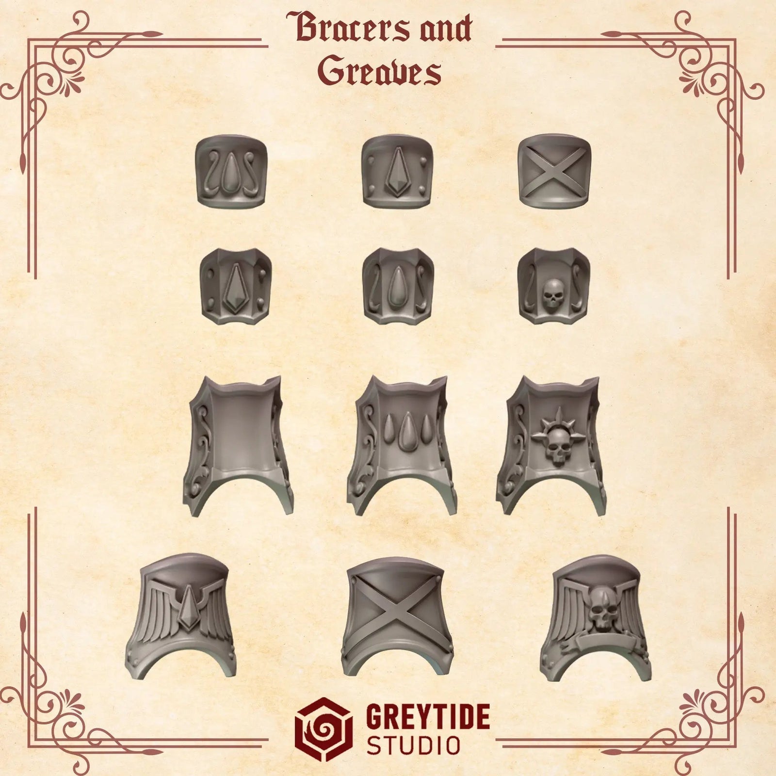 3D printed Crimson Lords bracers and greaves by Last Hope Miniatures, detailed armor pieces with intricate design.