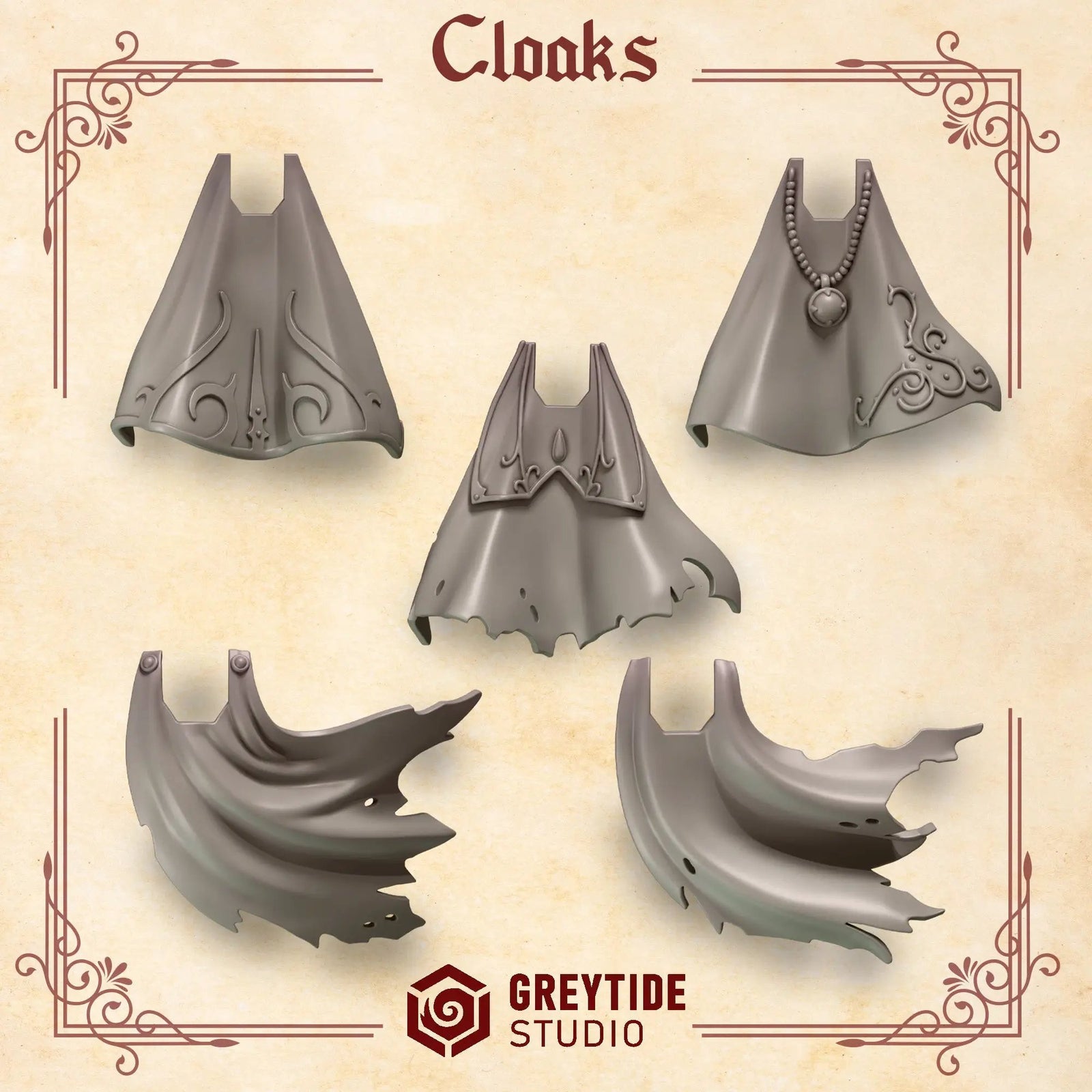 Set of 10 3D printed Crimson Lords cloaks by Last Hope Miniatures for tabletop gaming, detailed fabric texture and vibrant red color.