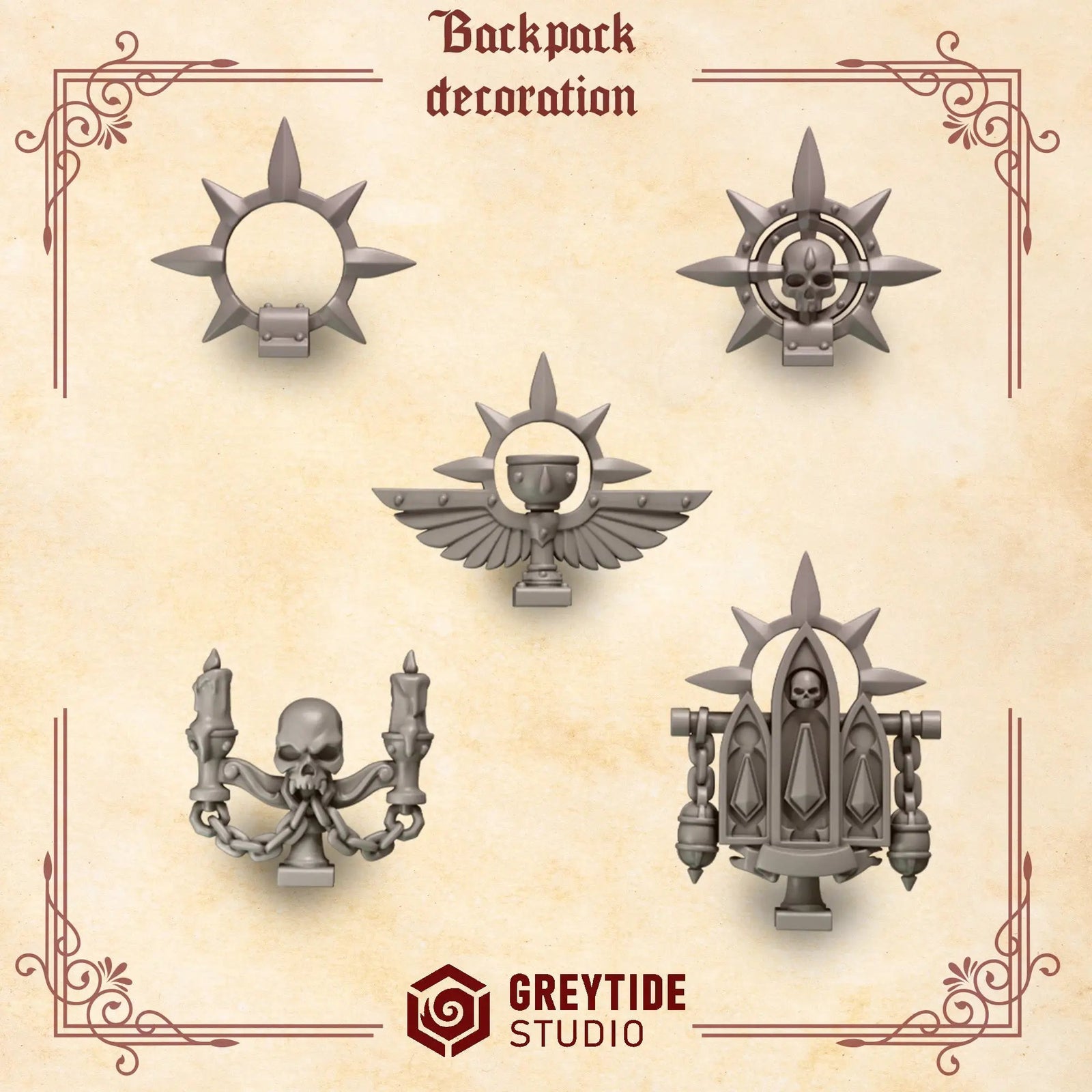 3D printed crimson lords decorations and ornaments by Last Hope Miniatures for Greytide Studio, featuring detailed backpack ornament design.