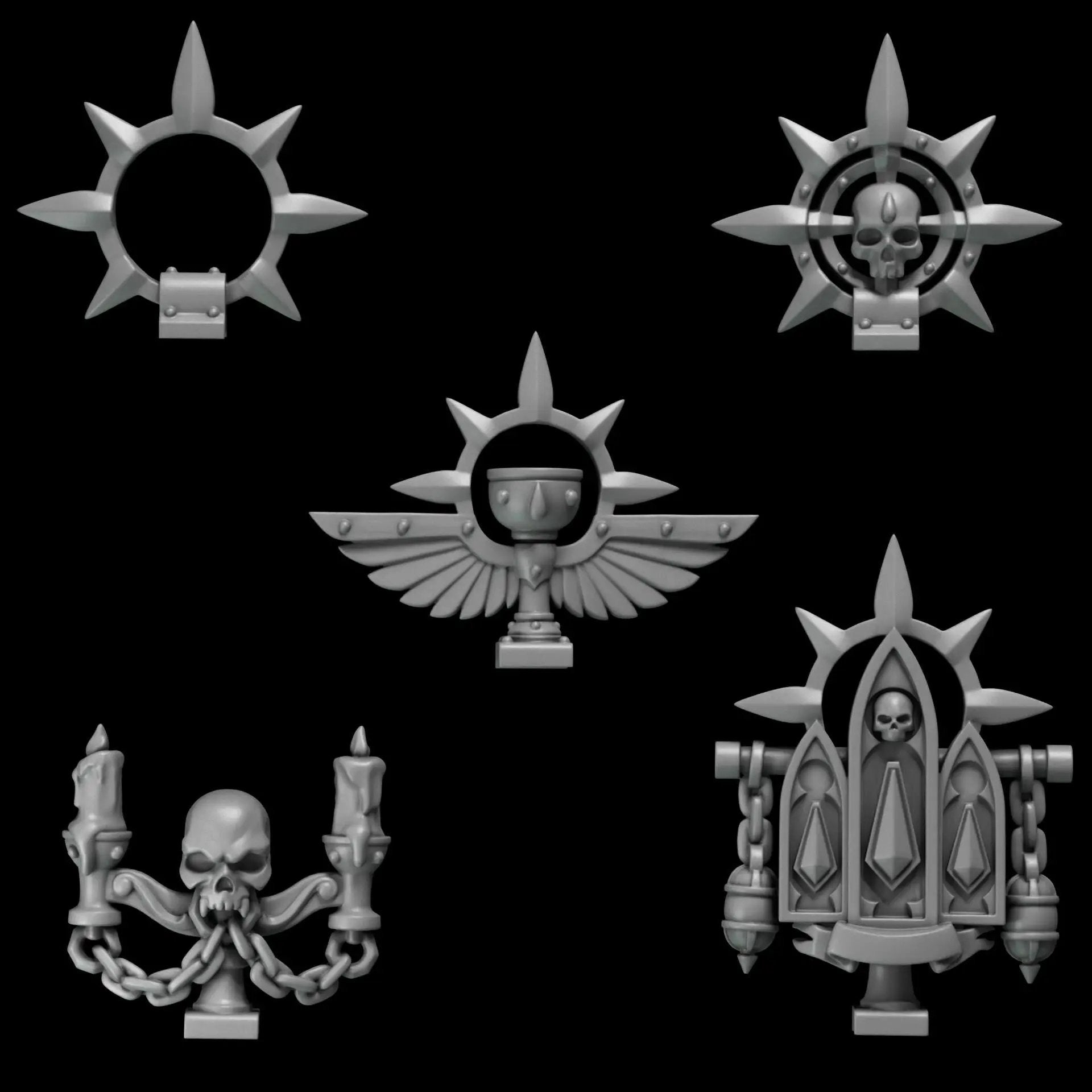 3D printed Crimson Lords decorations and ornaments by Last Hope Miniatures, featuring detailed gothic-style designs and intricate craftsmanship.