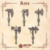 Set of 10 3D printed crimson lords handed axes by Last Hope Miniatures from Greytide Studio, detailed miniature weapon models.