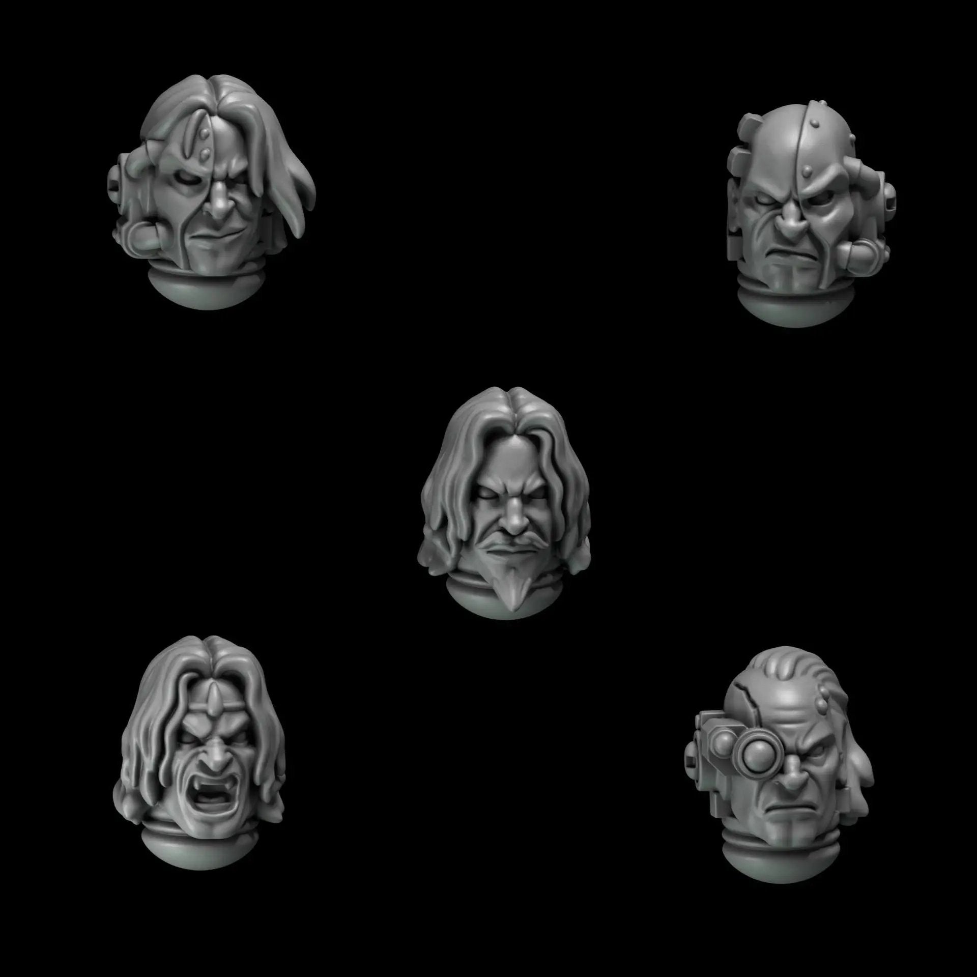 Set of ten 3D printed Crimson Lords Heads by Last Hope Miniatures for Greytide Studio, detailed fantasy miniature heads for tabletop gaming.