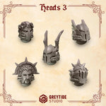 Ten 3D printed Crimson Lords heads miniatures by Last Hope Miniatures for Greytide Studio, detailed crimson color and intricate design.
