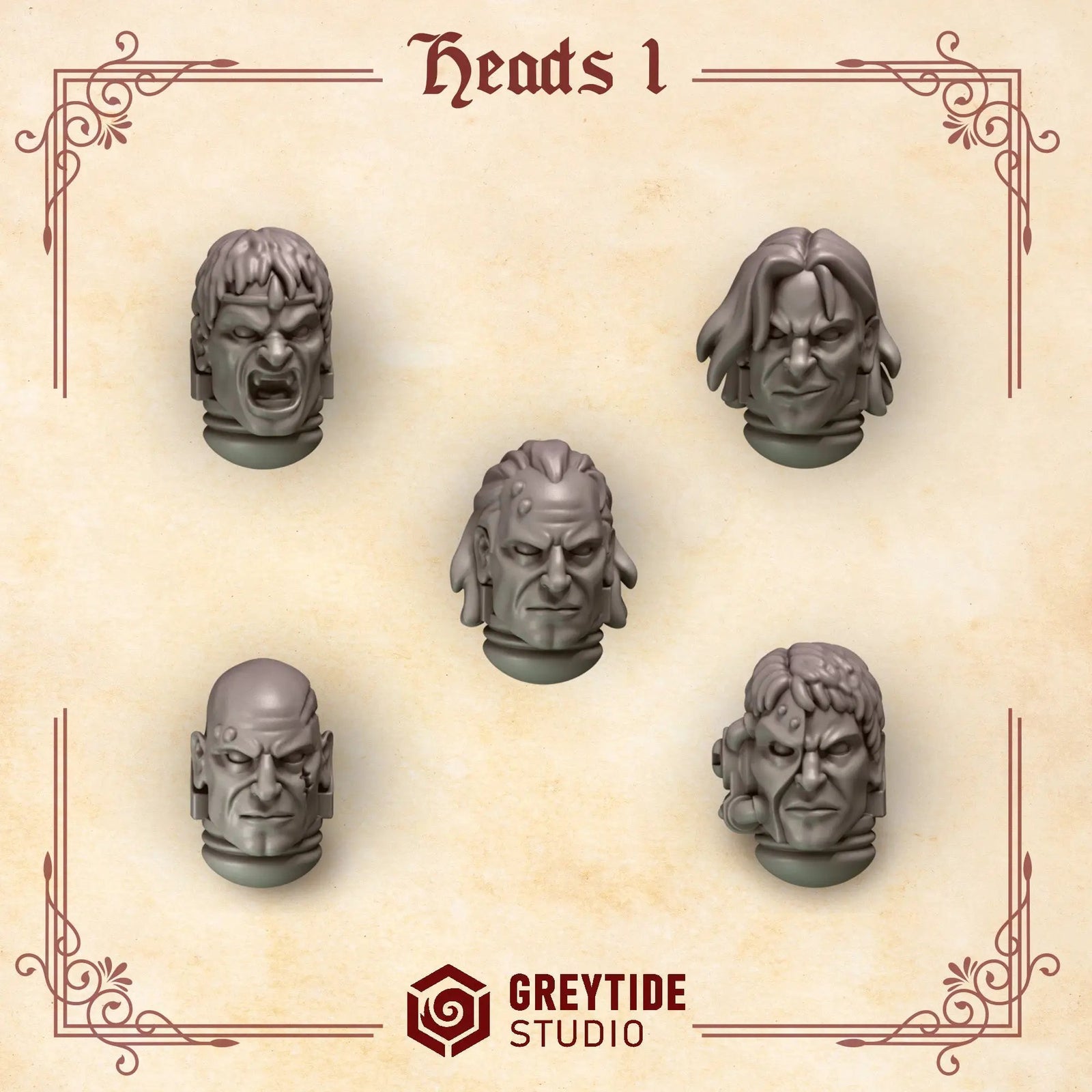 Set of ten 3D printed Crimson Lords heads miniatures by Last Hope Miniatures for tabletop gaming and model customization.