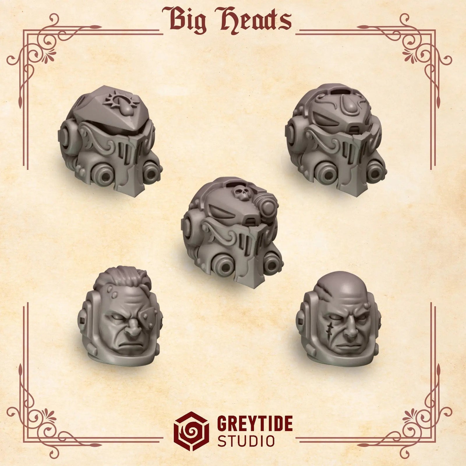 Set of 10 3D printed Crimson Lords heavy armor helmets by Last Hope Miniatures, detailed fantasy miniatures accessories.