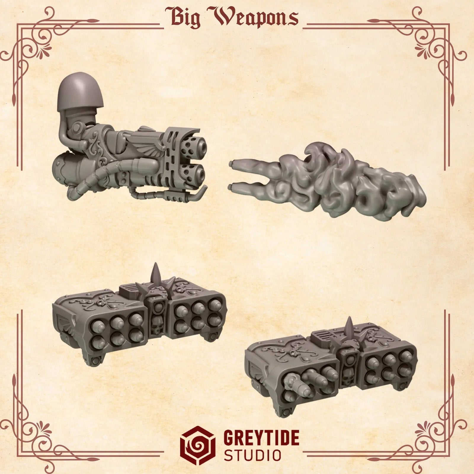 3D printed Crimson Lords heavy weapons by Last Hope Miniatures, featuring detailed miniature weapon models from Greytide Studio.